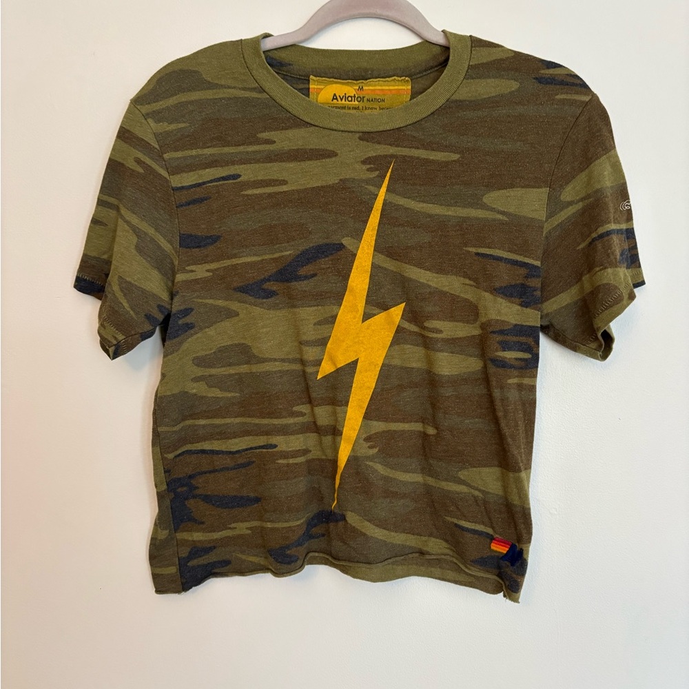 Aviator Nation Green Camo Tee with Yellow Bolt